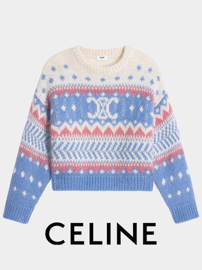 Crew Neck Knit Top In Fair Isle Mohair And Silk Light Blue - CELINE - BALAAN 2