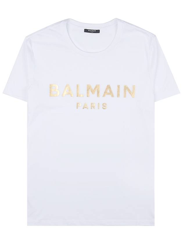 Men's Metallic Gold Logo Print Cotton Short Sleeve T-Shirt White - BALMAIN - BALAAN 2