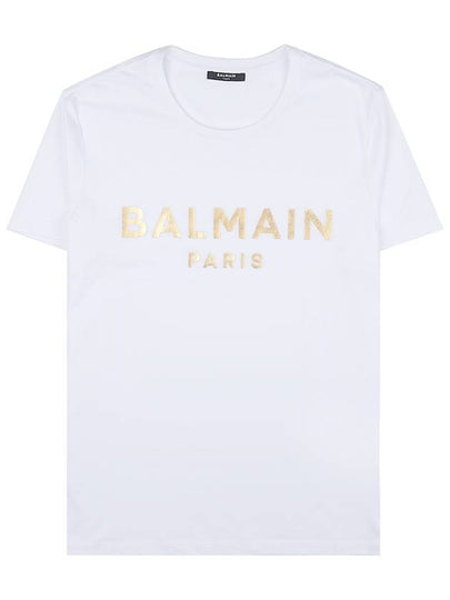 Men's Metallic Gold Logo Print Cotton Short Sleeve T-Shirt White - BALMAIN - BALAAN 2