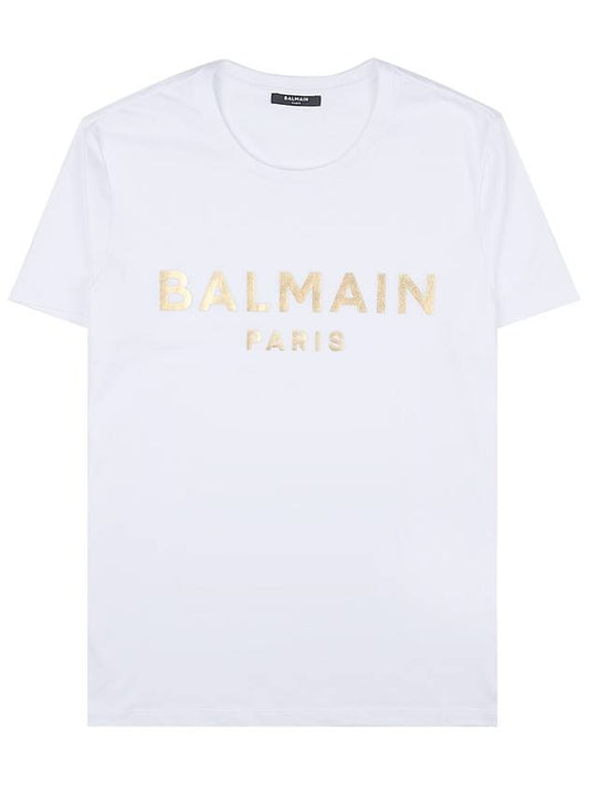 Men's Metallic Gold Logo Print Cotton Short Sleeve T-Shirt White - BALMAIN - BALAAN.