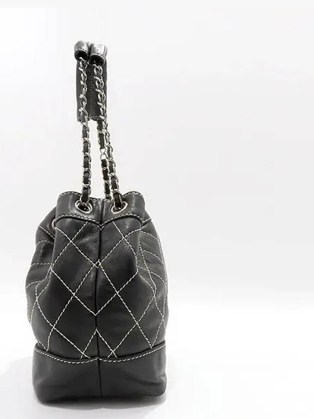 Black Lambskin Silver CC Logo Wild Stitch Quilted Drawstring Small Bucket Shoulder Bag - CHANEL - BALAAN 3