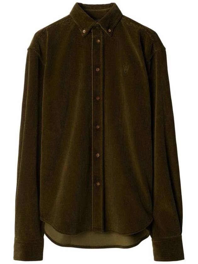 B Shield Embroidered Corduroy Long Sleeve Shirt Olive - BURBERRY - BALAAN 1