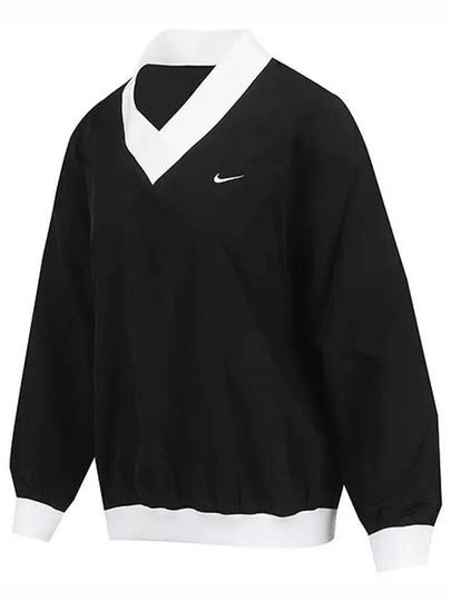 Sportswear Essentials Loose Woven Long Sleeve V Neck Top W Black White FV7650 010 - NIKE - BALAAN 2