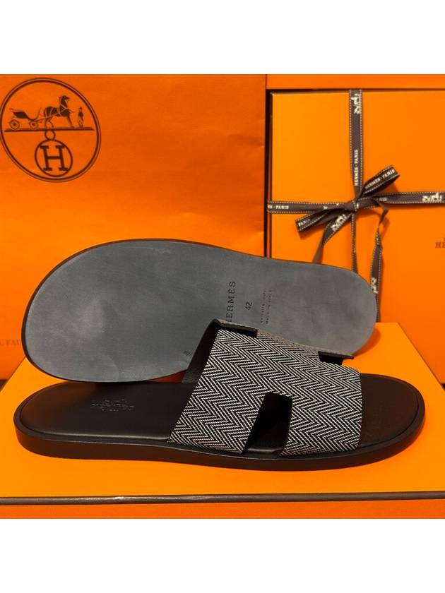 Men's Izmir Sandals Calfskin Chevron Black - HERMES - BALAAN 6