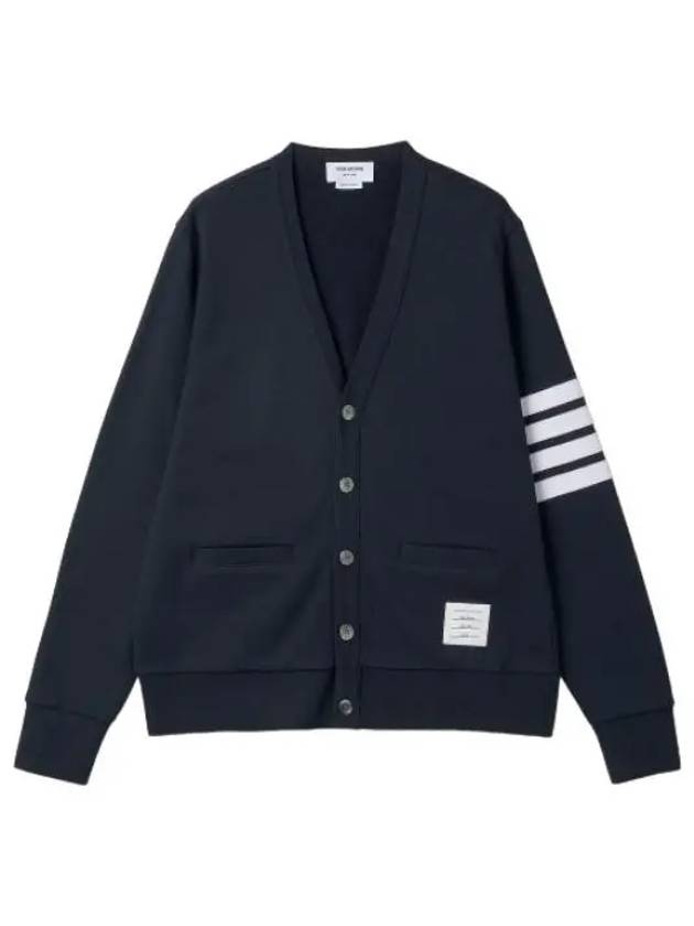 Diagonal loopback jersey V neck cardigan navy - THOM BROWNE - BALAAN 1