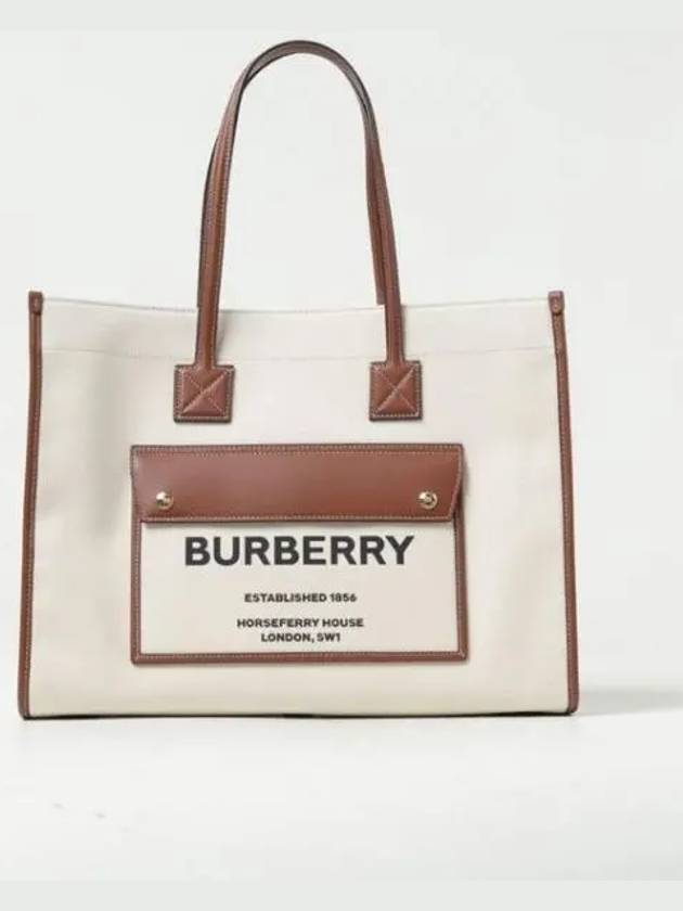 Medium Two-Tone Canvas and Leather Freya Tote Bag Natural Tan - BURBERRY - BALAAN.