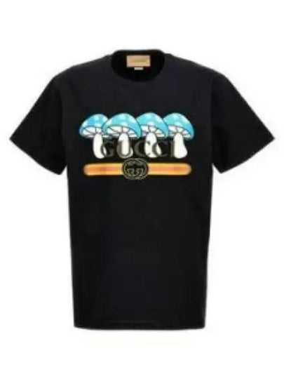 Mushroom Logo Print Short Sleeve T-Shirt Black - GUCCI - BALAAN 2