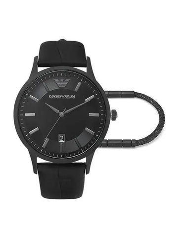 Round Dial Leather Watch Black - EMPORIO ARMANI - BALAAN.