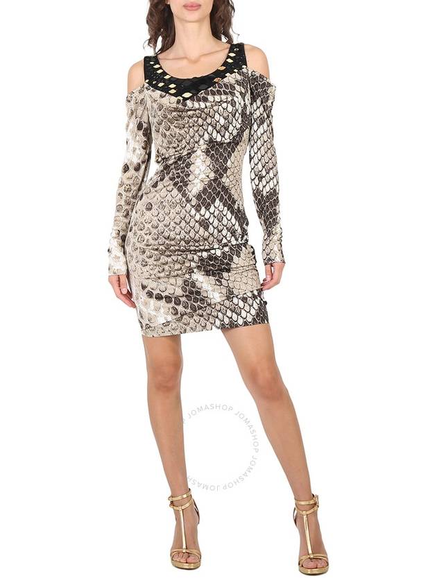 Roberto Cavalli Ladies Taupe Macro Python Print Dress, Brand Size 40 (US Size 6) - ROBERTO CAVALLI - BALAAN 1