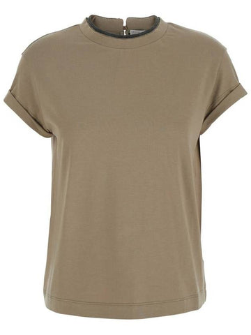 Beige Crewneck T-Shirt With Monile Detail On The Neck In Cotton Blend Woman - BRUNELLO CUCINELLI - BALAAN 1