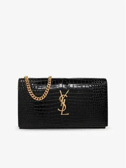 Cassandre Chain Crocodile Embossing Leather Long Wallet Black - SAINT LAURENT - BALAAN 2