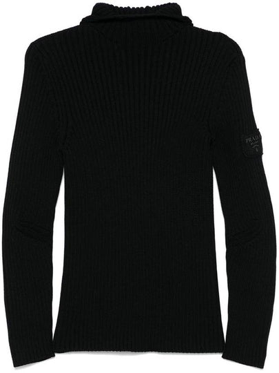 Logo Patch Rib Knit Wool Turtleneck Black - PRADA - BALAAN 2