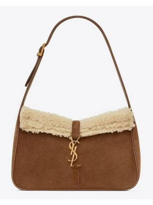 Gold Hardware Logo Suede Hobo Shoulder Bag Brown - SAINT LAURENT - BALAAN 1