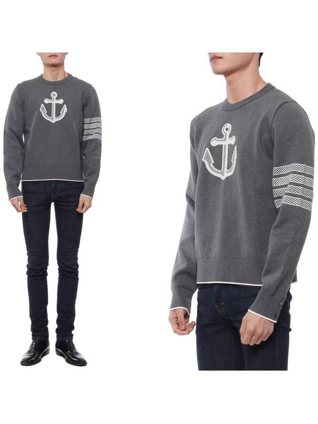 Men's Anchor Jacquard 4-Bar Crew Neck Knit Top Med Grey - THOM BROWNE - BALAAN 3