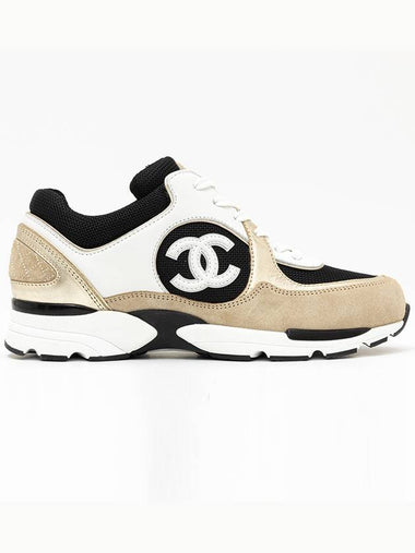 CC Logo Calfskin Fabric Low-Top Sneakers Beige Gold - CHANEL - BALAAN 1