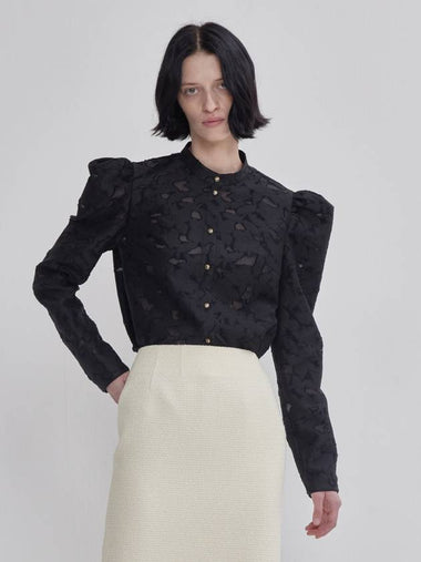 See Through Black Organza Lace Gold Button Blouse Black - LIE - BALAAN 1