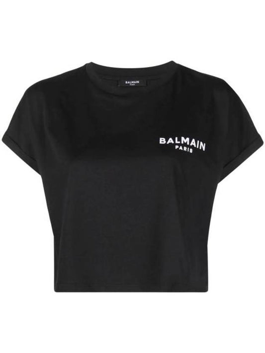 Logo Print Cropped Cotton Short Sleeve T-Shirt Black - BALMAIN - BALAAN.