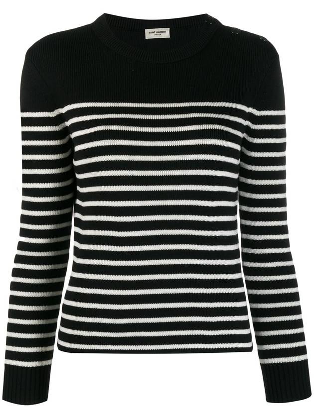 Shoulder Button Striped Cotton Wool Knit Top Black - SAINT LAURENT - BALAAN.