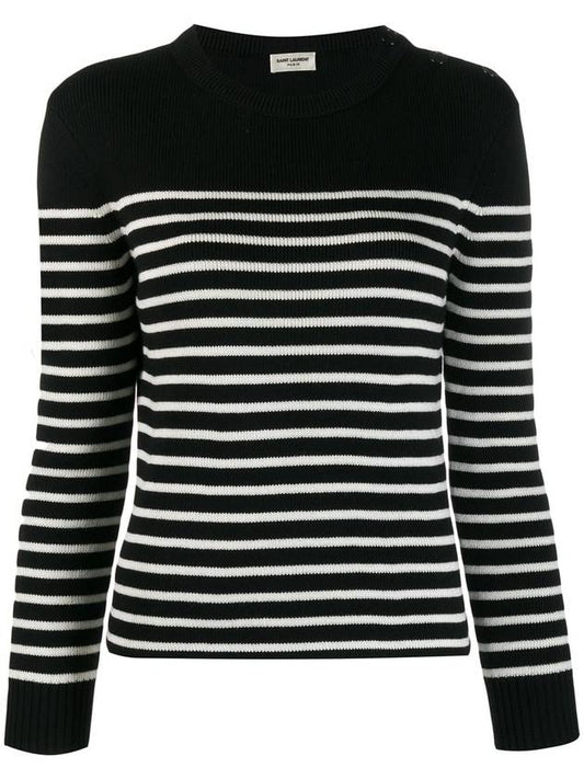 Shoulder Button Striped Cotton Wool Knit Top Black - SAINT LAURENT - BALAAN 1