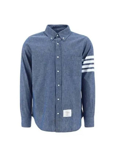 Men's Diagonal Shambray Print Name tag Straight Fit Long Sleeve Shirt Blue - THOM BROWNE - BALAAN 2