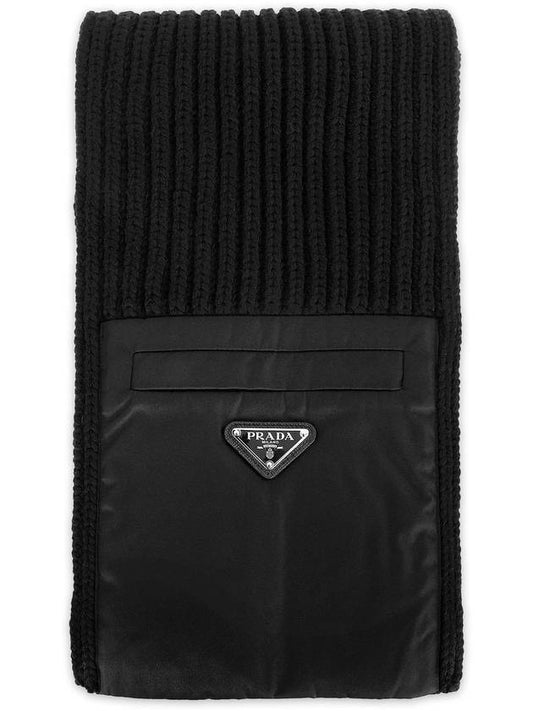 Triangular logo pocket knit muffler black UMS3541 WTO F0002 - PRADA - BALAAN 1