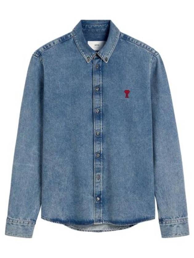 Button Down Denim Long Sleeve Shirt Blue - AMI - BALAAN 1