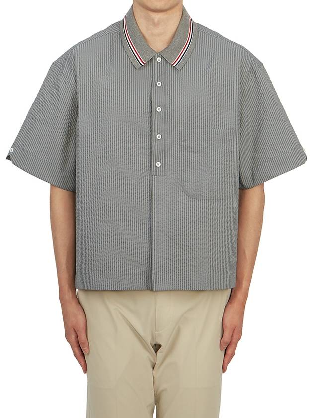 Striped Short Sleeve Shirt Grey - THOM BROWNE - BALAAN 4