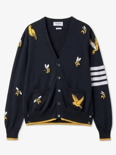 Men's Merino Bird Bee 4 Bar V-Neck Merino Cotton Cardigan Navy - THOM BROWNE - BALAAN 2