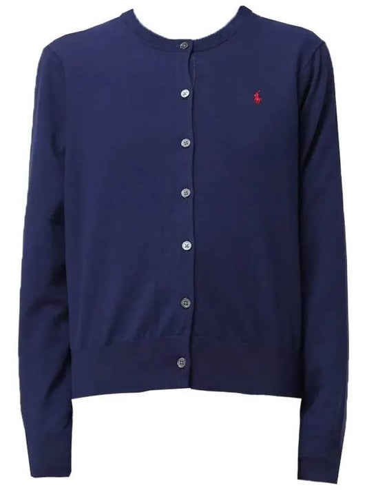 Women's Embroidered Logo Round Neck Cardigan Blue - POLO RALPH LAUREN - BALAAN 2