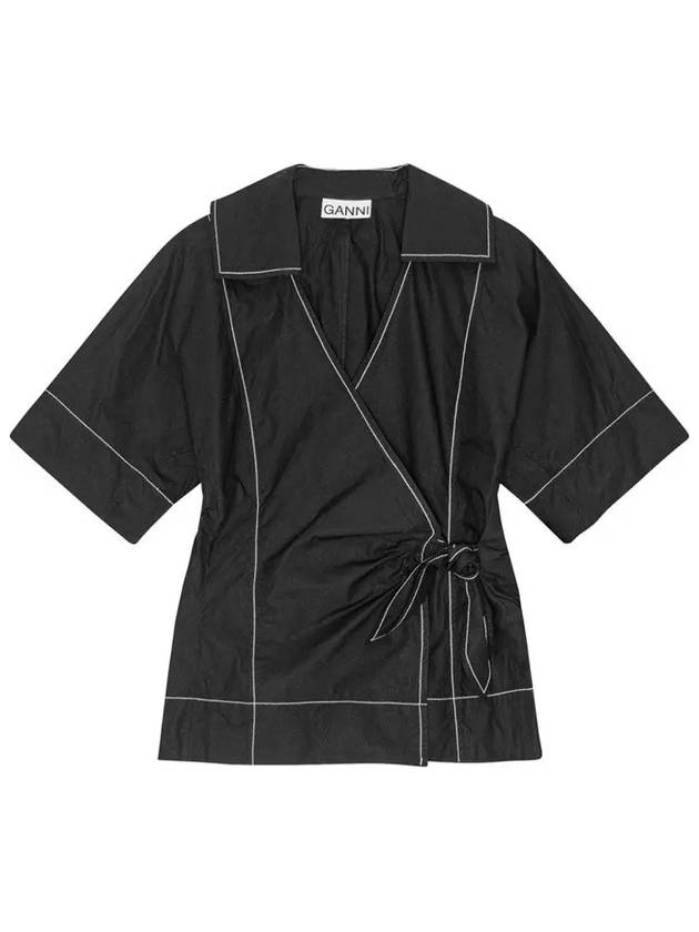 Poplin Wrap Contrast Stitching Cotton Blouse Black - GANNI - BALAAN 2