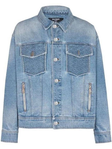 Monogram Pattern Flap Pocket Denim Jacket Blue - BALMAIN - BALAAN 1