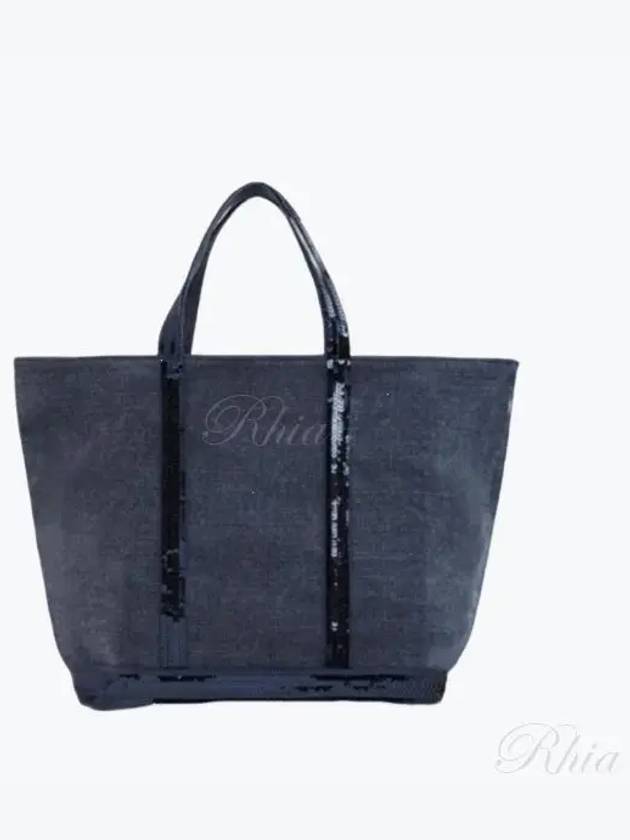 Cabas Linen Sequined Medium Tote Bag Navy - VANESSA BRUNO - BALAAN 2