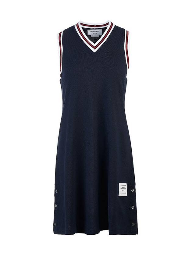 Women's Classic Pique Stripe V-Neck Cotton Tennis Dress Navy - THOM BROWNE - BALAAN 2