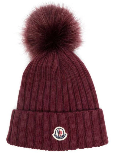 Pom-Pom Detail Wool Beanie Burgundy - MONCLER - BALAAN 1