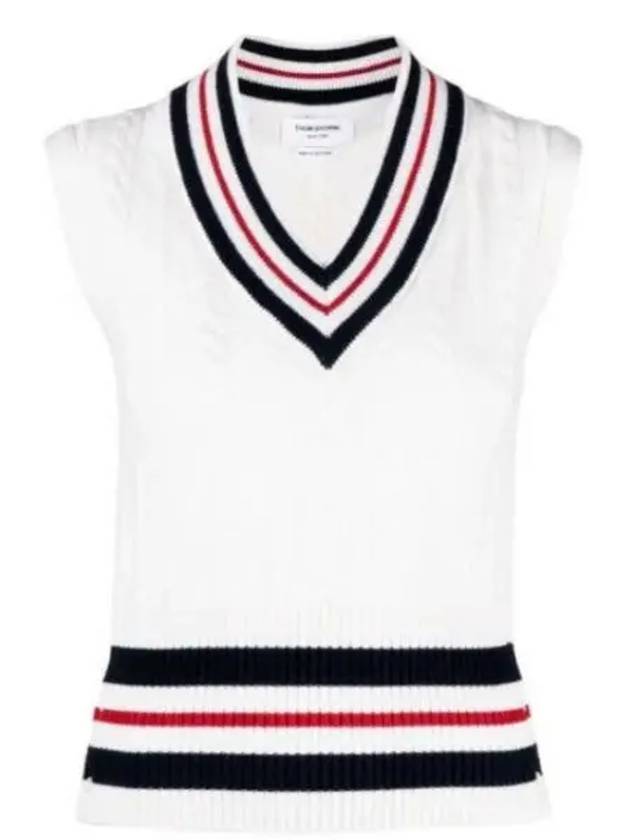 RWB Cable V Neck Cashmere Vest White - THOM BROWNE - BALAAN 2