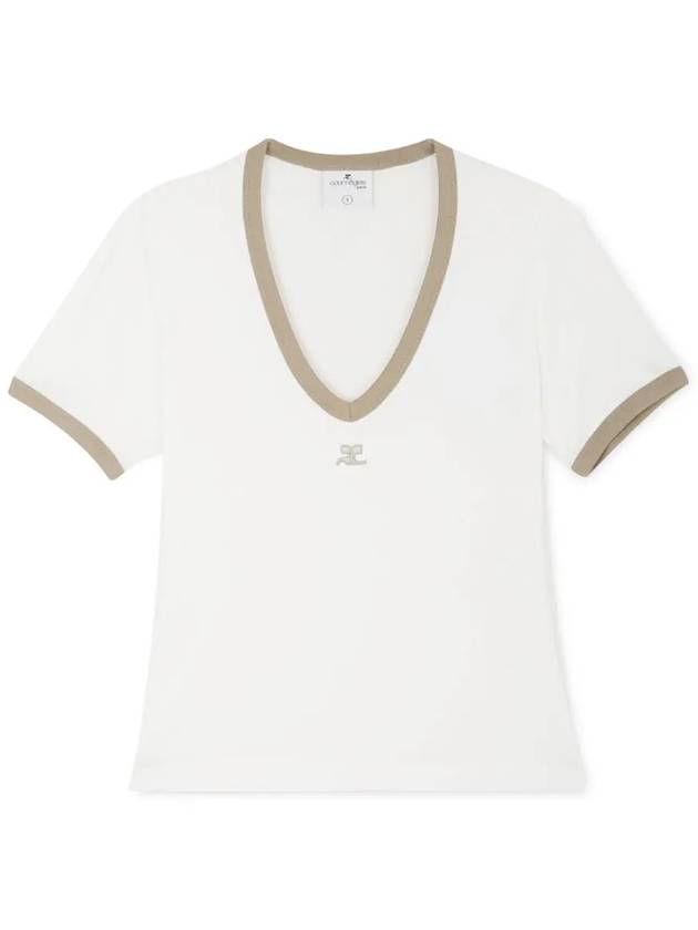 Courr ges Women s Contrast V neck White Heritage Tile Short Sleeve Tee 224JTS137 JS0070 B131 - COURREGES - BALAAN 3