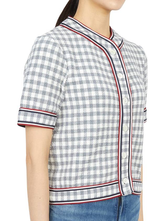 Women's Gingham Stripe Trimmed Short Sleeve Cardigan Medium Grey - THOM BROWNE - BALAAN 5