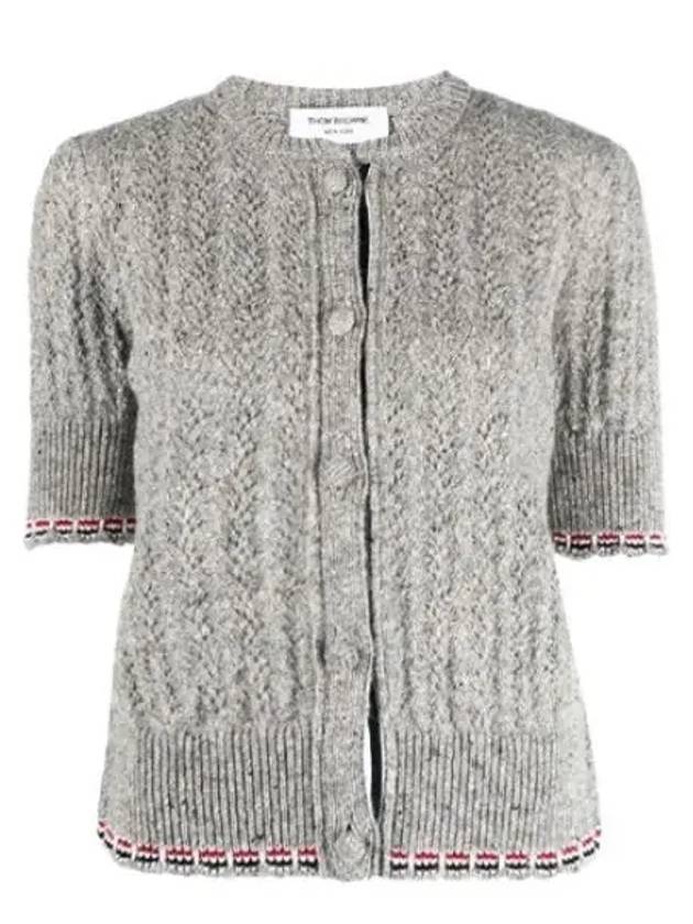 Cable Pointelle Striped Donegal Wool Short Sleeve Cardigan Light Grey - THOM BROWNE - BALAAN 2