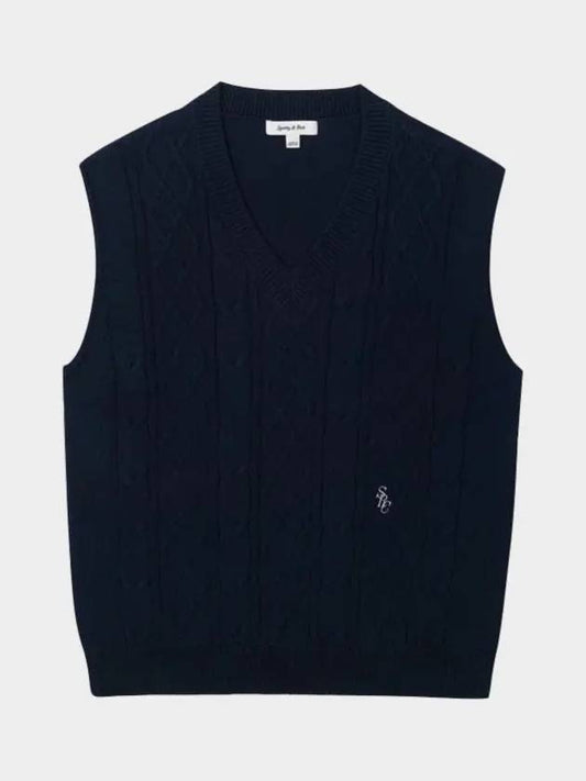 Logo Embroidered Cable Knit Vest Navy - SPORTY & RICH - BALAAN 2