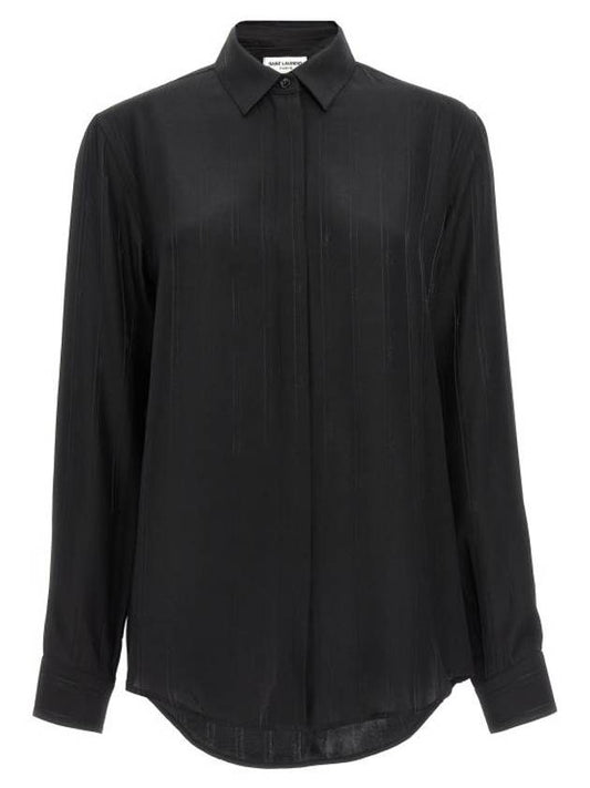 Striped Button Silk Shirt Black - SAINT LAURENT - BALAAN 1