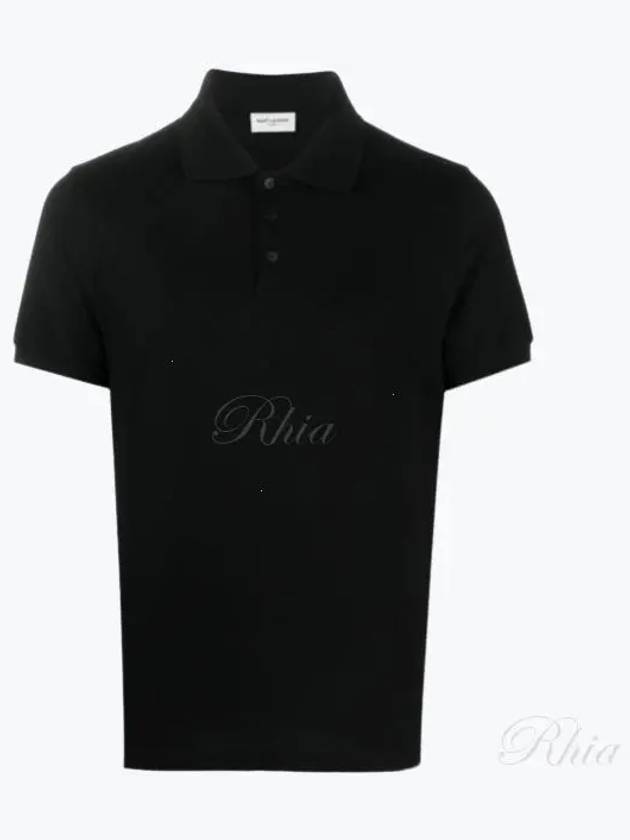 Men's Monogram Cotton Short Sleeve Polo Shirt Black - SAINT LAURENT - BALAAN 2