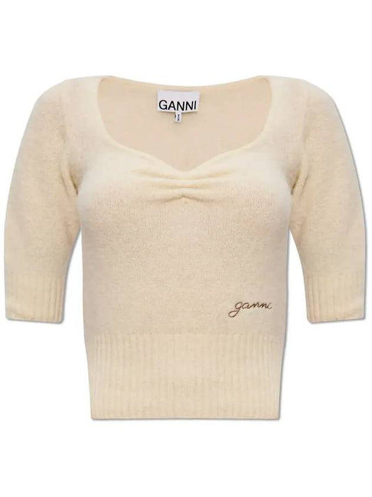 Logo Knit Top Ivory - GANNI - BALAAN 1