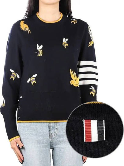 Birds Bees 4-Bar Cotton Merino Pullover Knit Top Navy - THOM BROWNE - BALAAN 2