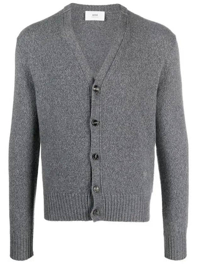 Heart Logo V Neck Cashmere Cardigan Heather Grey - AMI - BALAAN 2