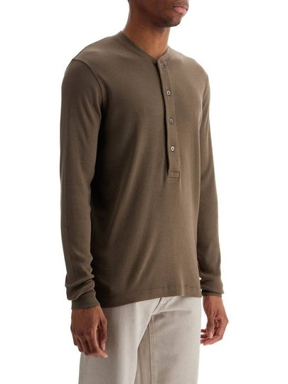 henley t-shirt in moss green modal cotton with mother-of-pearl buttons - TOM FORD - BALAAN 2