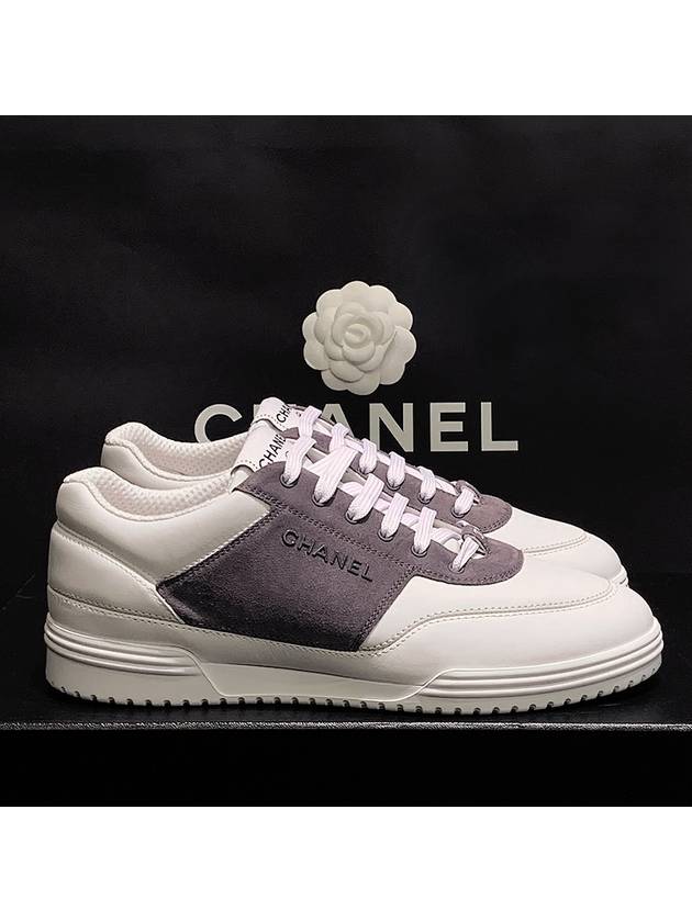 Men s Sneakers Suede Calfskin White Gray Charcoal - CHANEL - BALAAN 3