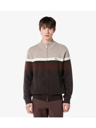 Men s High Neck Color Block Cardigan Brown - LACOSTE - BALAAN 1