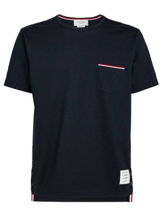 Men's Medium Weight Jersey Tipped Pocket Crewneck Short Short Sleeve T-Shirt Navy - THOM BROWNE - BALAAN 2