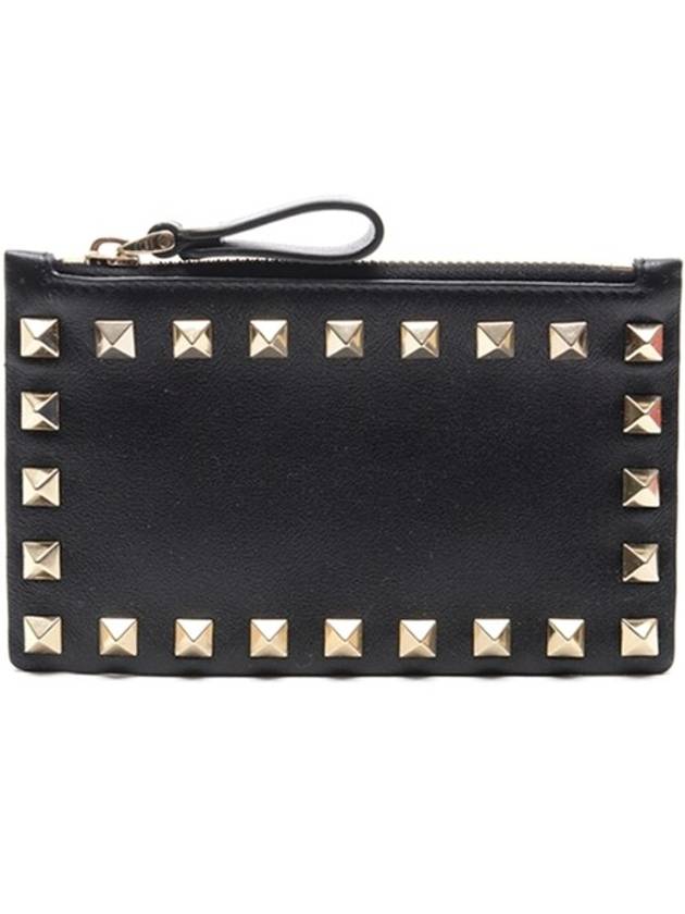 Rockstud Zipper Card Wallet Black - VALENTINO - BALAAN 1