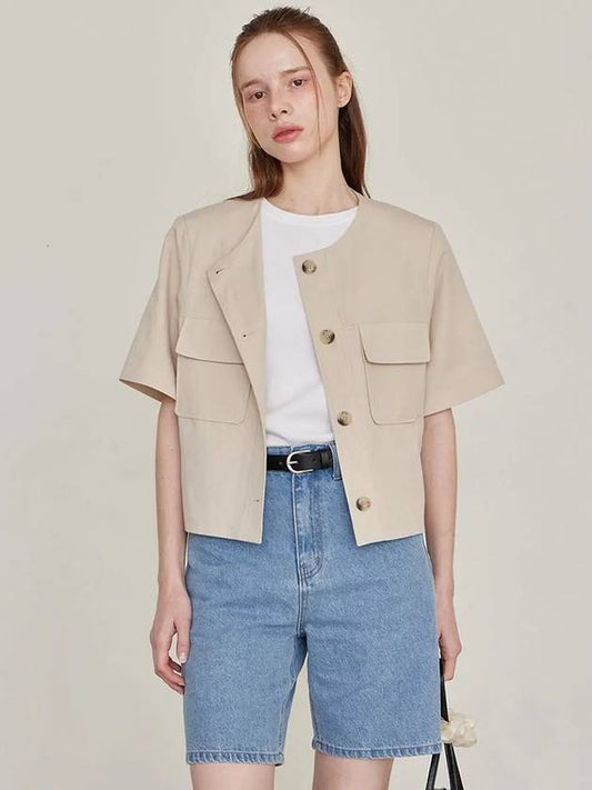 Collarless Linen Crop Jacket Beige - LESEIZIEME - BALAAN 2